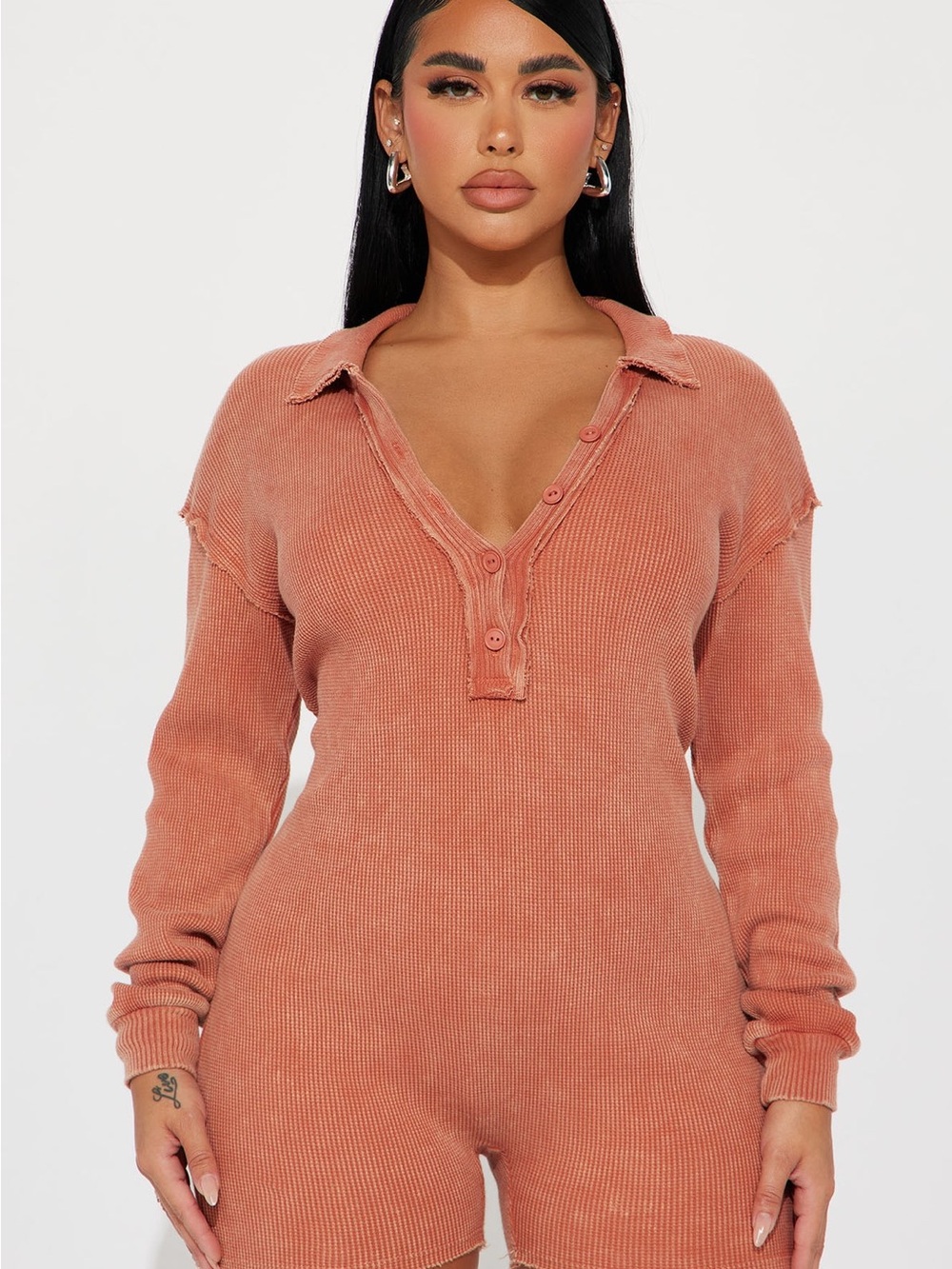 Fashion Nova Rust Knit Button-Up Romper